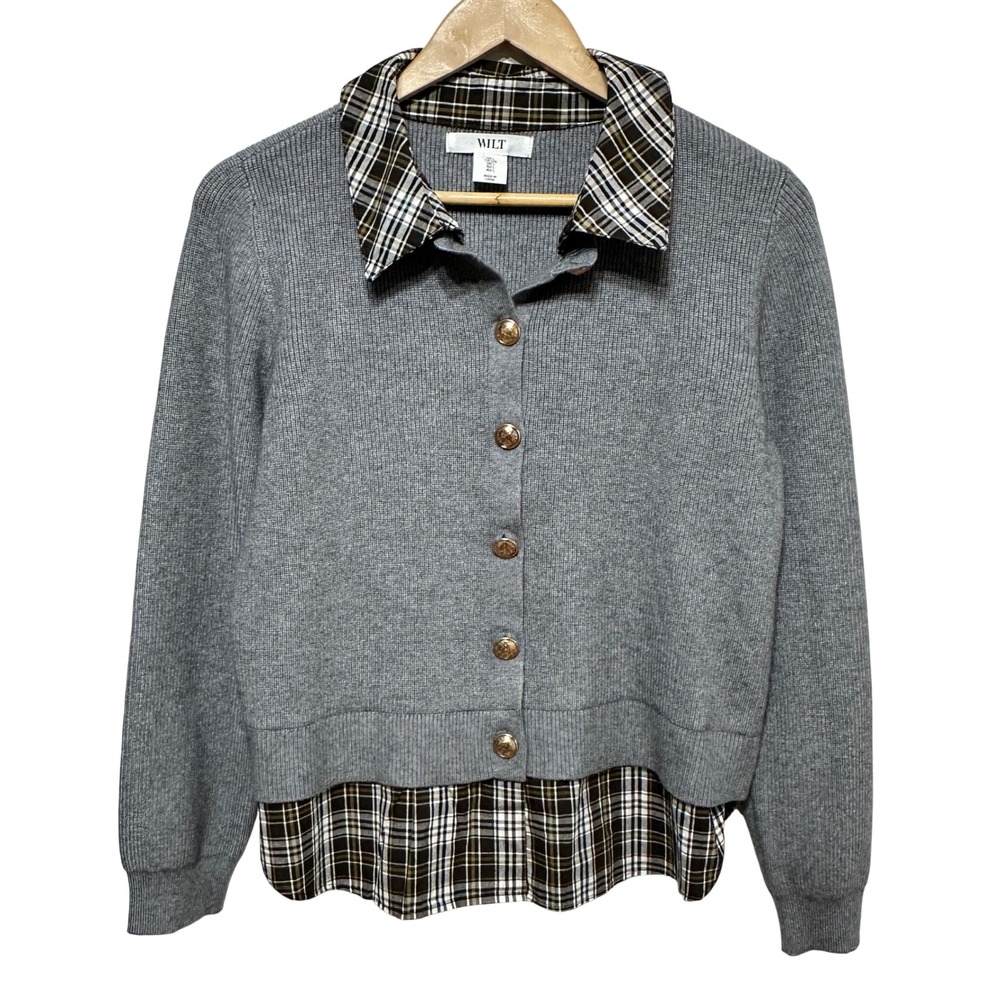 Wilt Cardigan Sweater Women Large Gray Plaid Trim Layered Look Preppy Knit